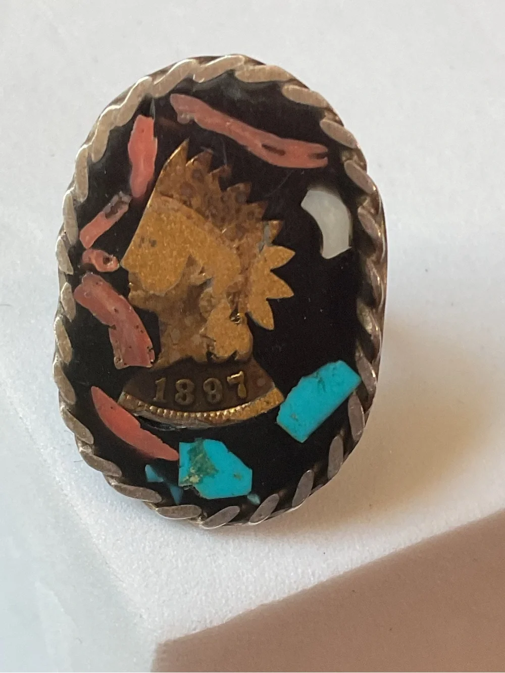 Vintage Sterling Native American Coin Gemstone Mosaic Inlay Ring Size 5.25
